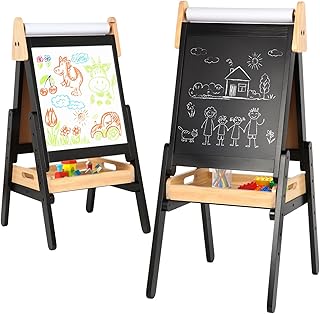 3 in 1 Easel for Little Kids with Wood Tray, Double Sided Wooden Easel with Paper Roll, Magnetic Whiteboard & Dry Erase Black Chalkboard, Height Adjustable Painting Standing for Toddlers Childrens 2-5