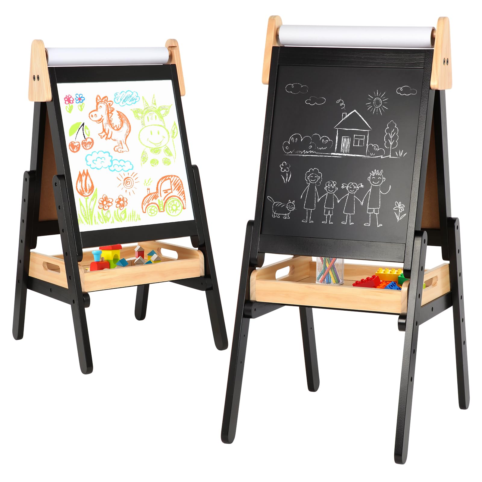 3 in 1 Easel for Little Kids with Wood Tray, Double Sided Wooden Easel with Pape