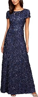 Alex Evenings Women's Rosette Lace Short Sleeve Maxi Dress, Navy, 12