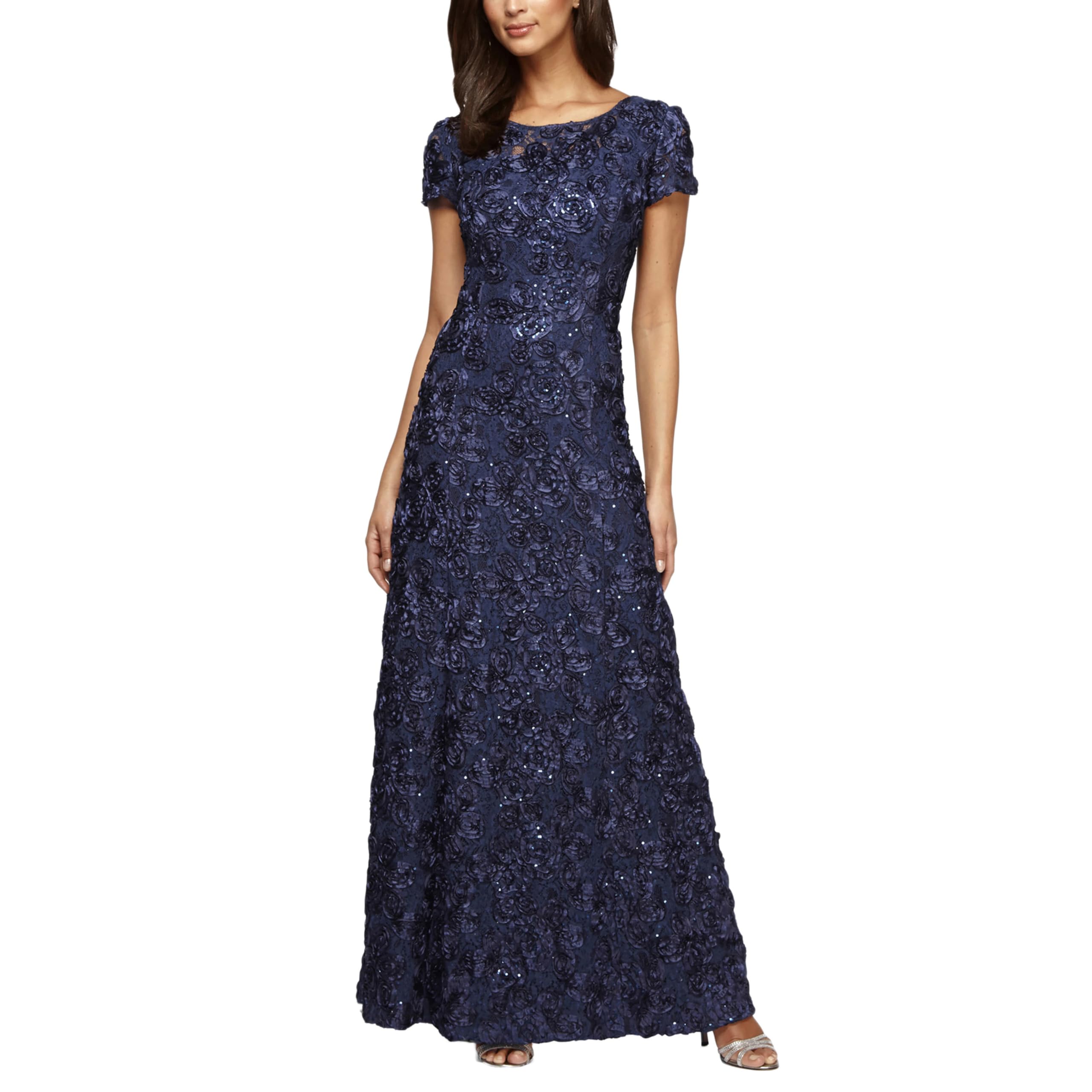 Alex Evenings Women's Rosette Lace Short Sleeve Maxi Dress, Navy, 12