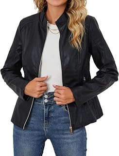 Bellivera Women's Faux Leather Short Jacket Belted Moto Casual Coat with Two Zipper Pockets