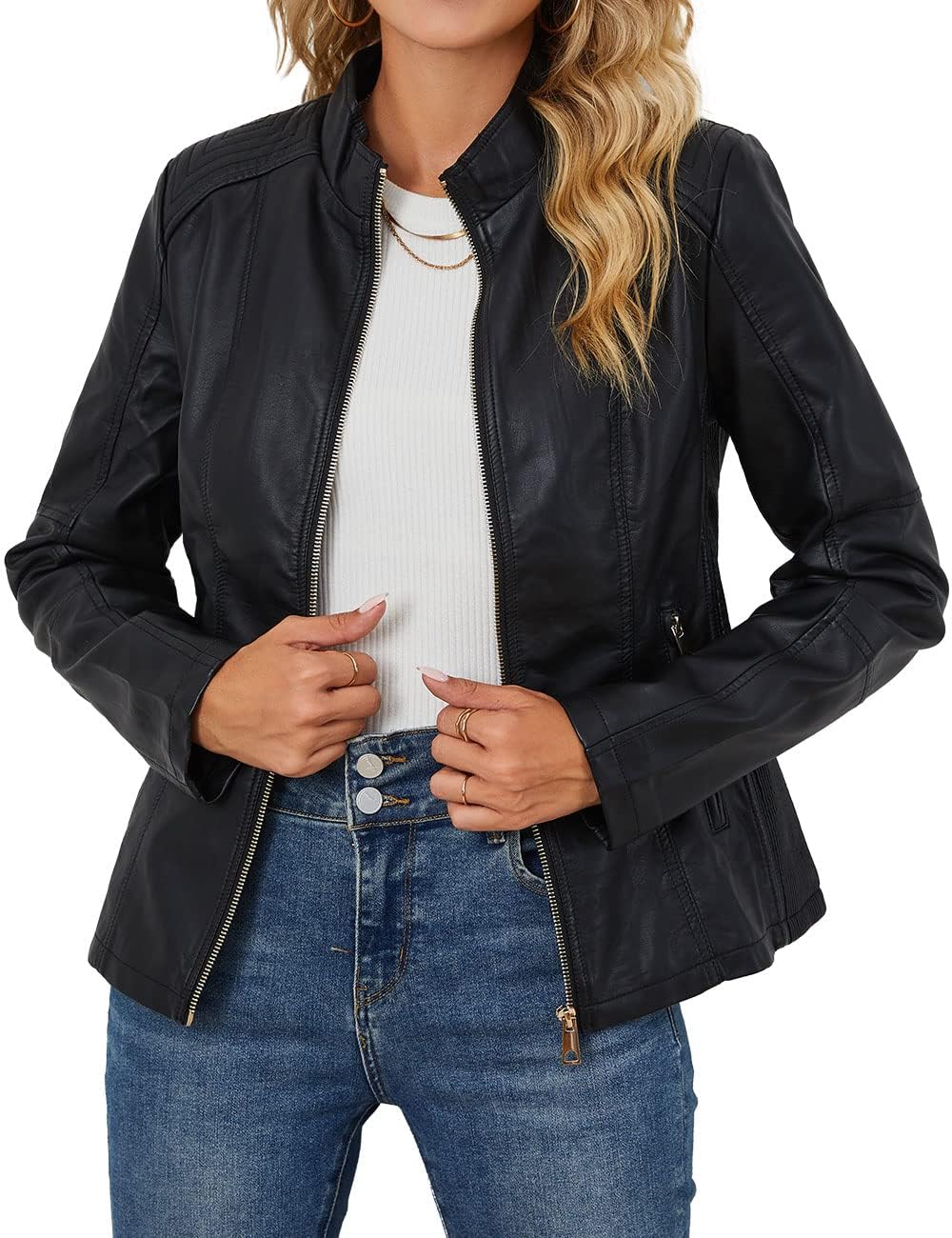 Bellivera Women's Faux Leather Short Jacket Belted Moto Casual Coat with Two Zip
