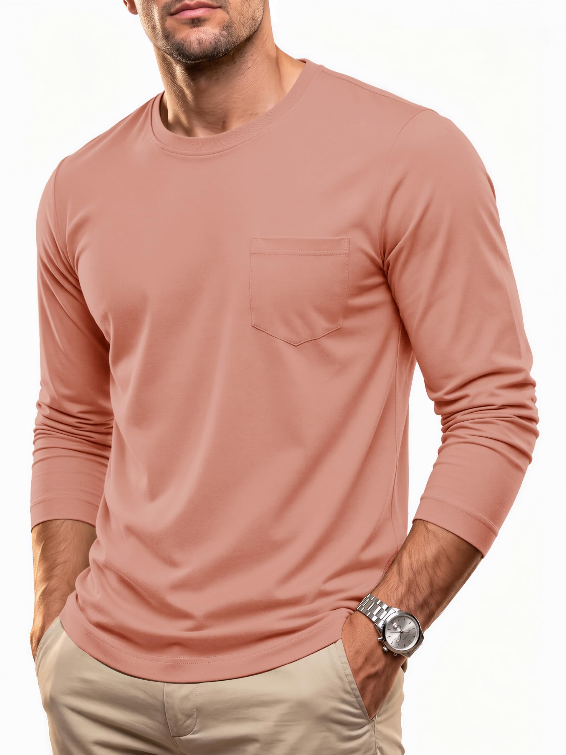 MAGCOMSEN Maglietta da uomo a maniche lunghe girocollo con tasca casual traspira