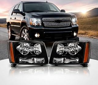 APSVE Headlight Assembly Pair for 2007-2013 Chevy Tahoe Suburban Avalanche | Replacement Headlamp Driver &amp; Passenger Side , Black Housing Amber Side
