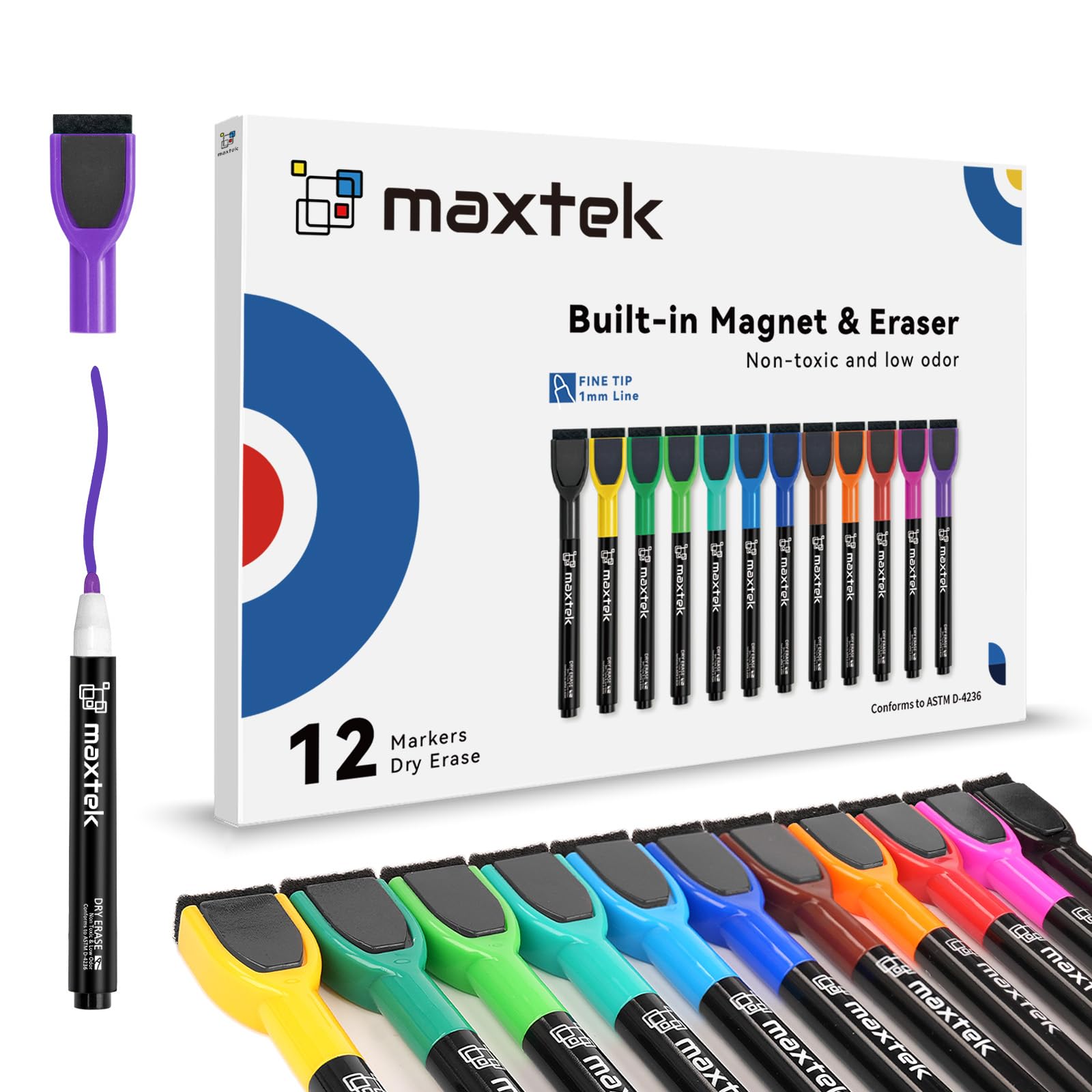 maxtek Magnetic Whiteboard Pens with Eraser, Fine Tip, Pack of 12 | Low Odour Wh
