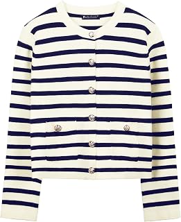 Women's Striped Cardigan Long Sleeve Button Down Cardigan Cropped Jacket with Pockets