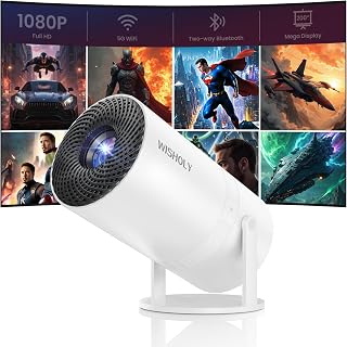 WISHOLY Mini Projector with WiFi and Bluetooth, Portable Movie Projector with 180° Rotatable, 1080P HD Supported, Auto Vertical Keystone, Compatible with Smartphone, TV Stick, Laptop, HDMI, USB