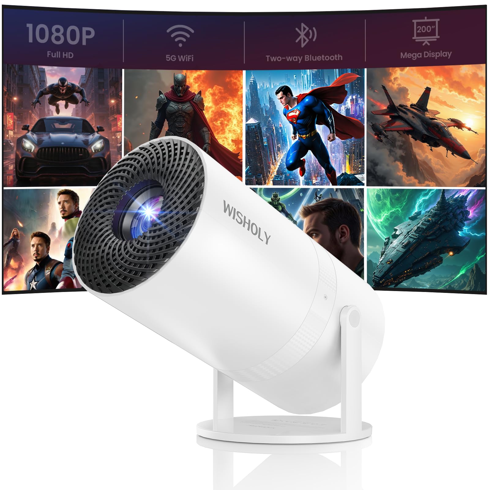 WISHOLY Mini Projector with WiFi and Bluetooth, Portable Movie Projector with 18