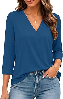 Bliwov レディース 七分袖 Vネック トップス ルーズフィット Tシャツ カジュアル ブラウス
