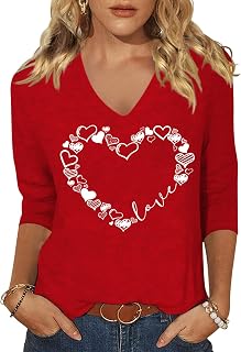 Vircreate Womens 3/4 Sleeve V Neck T-Shirts Valentina's Day Spring Shirts Love Heart Graphic Tee Tops