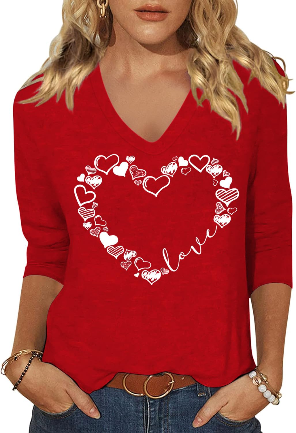 Vircreate Womens 3/4 Sleeve V Neck T-Shirts Valentina's Day Spring Shirts Love H