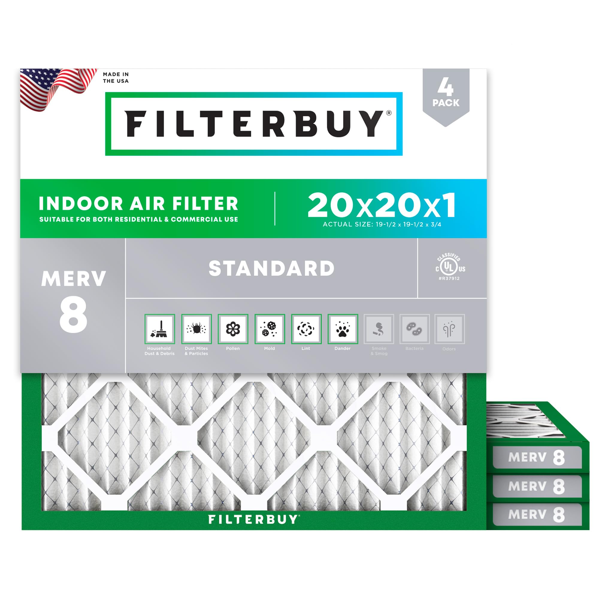 Filterbuy 20x20x1 Air Filter MERV 8 Dust & Allergy Defense (4-Pack) | Electrosta