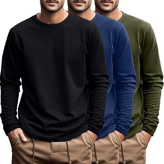Ficerd 3 Pack Men's Plus Size T Shirts, Cotton Long Sleeve T-Shirts, Round Neck and Oversized Tops