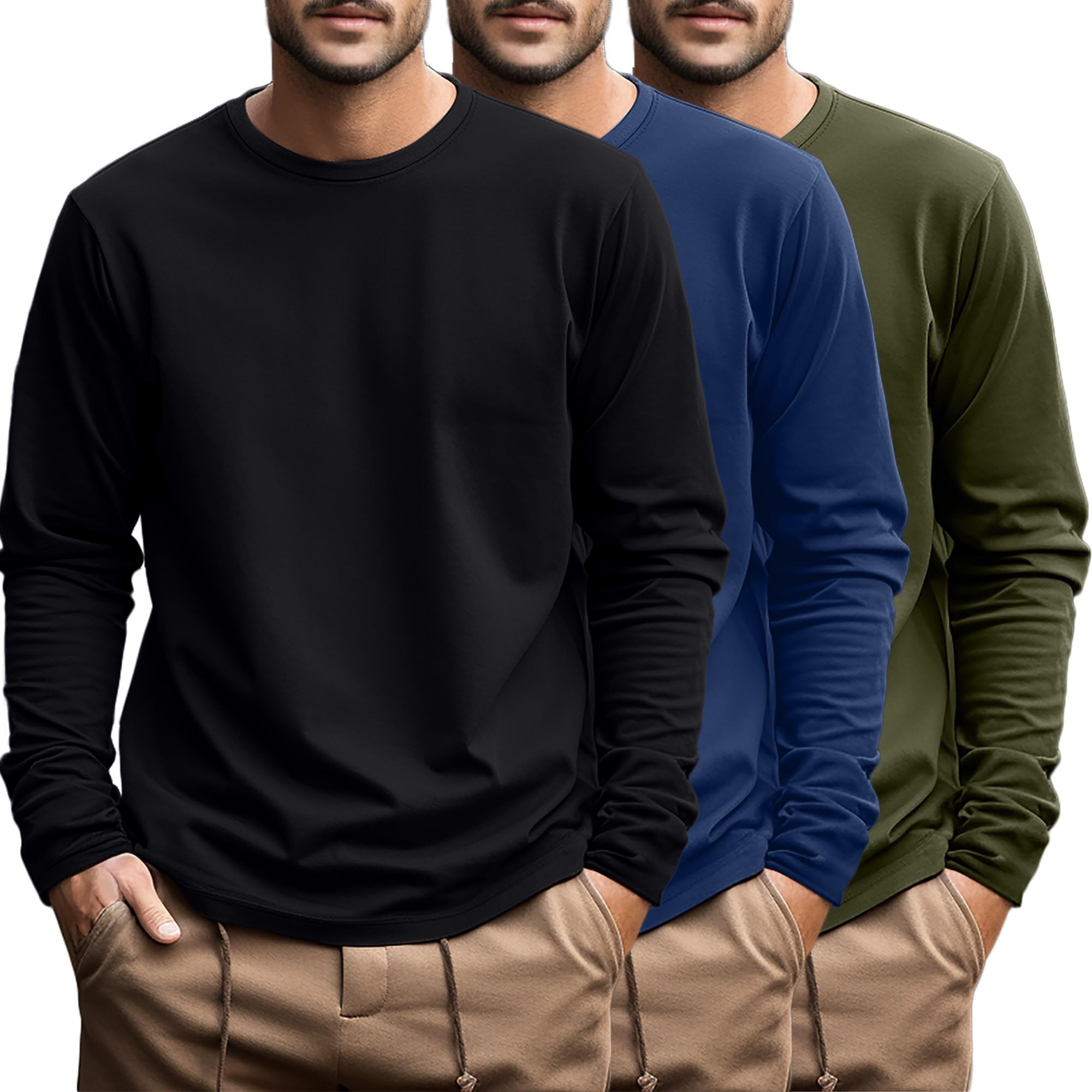 Ficerd 3 Pack Men's Plus Size T Shirts, Cotton Long Sleeve T-Shirts, Round Neck 