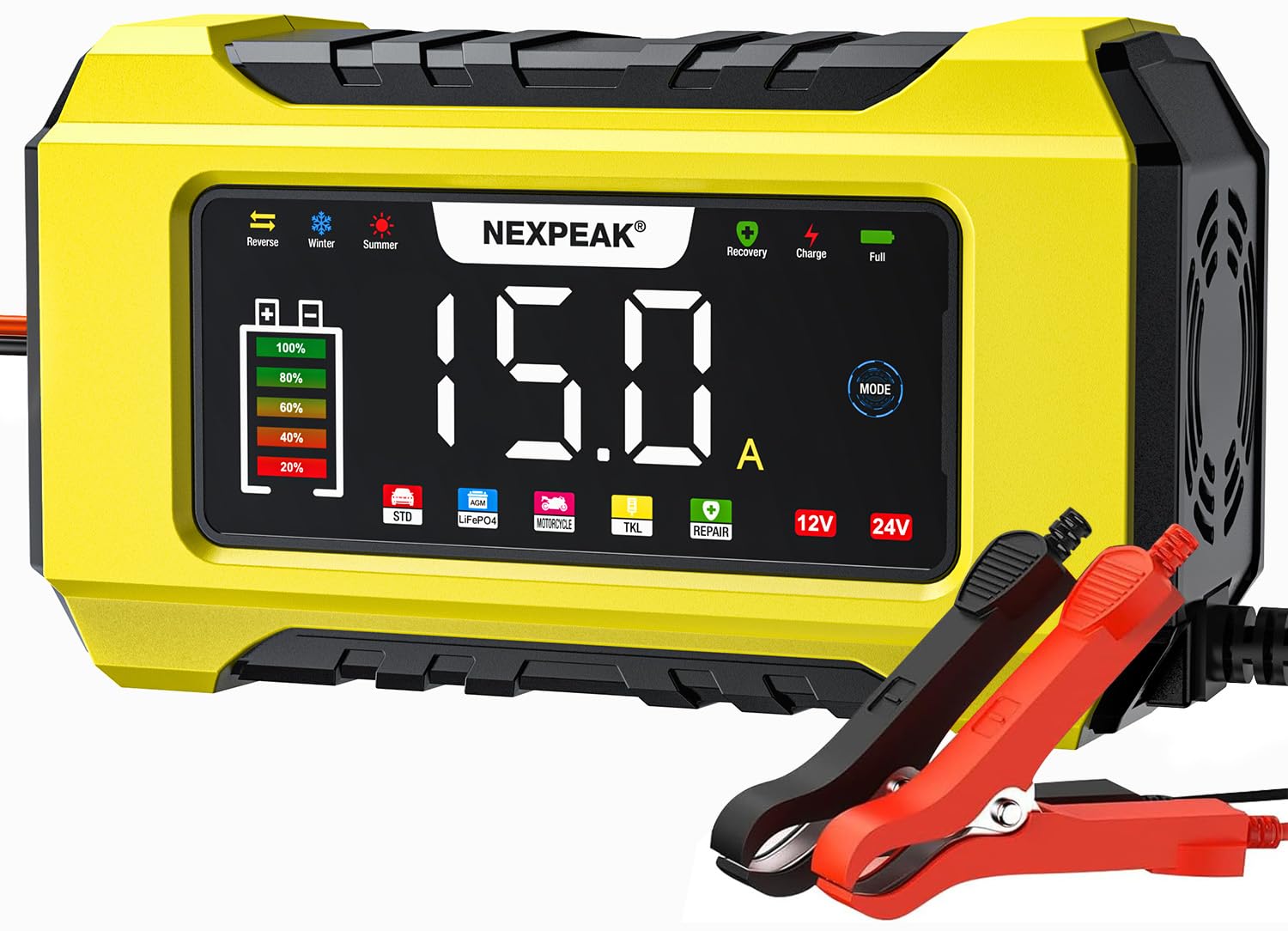 NEXPEAK NC215 15-Amp Battery Charger, 12V 24V LiFePO4 Lead Acid Portable Car Bat