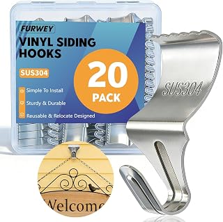 FURWEY Vinyl Siding Hooks, 20 Pack, Heavy Duty Stainless Steel | No Hole Vinyl Siding Clips, for Outdoor & Festive Decoration