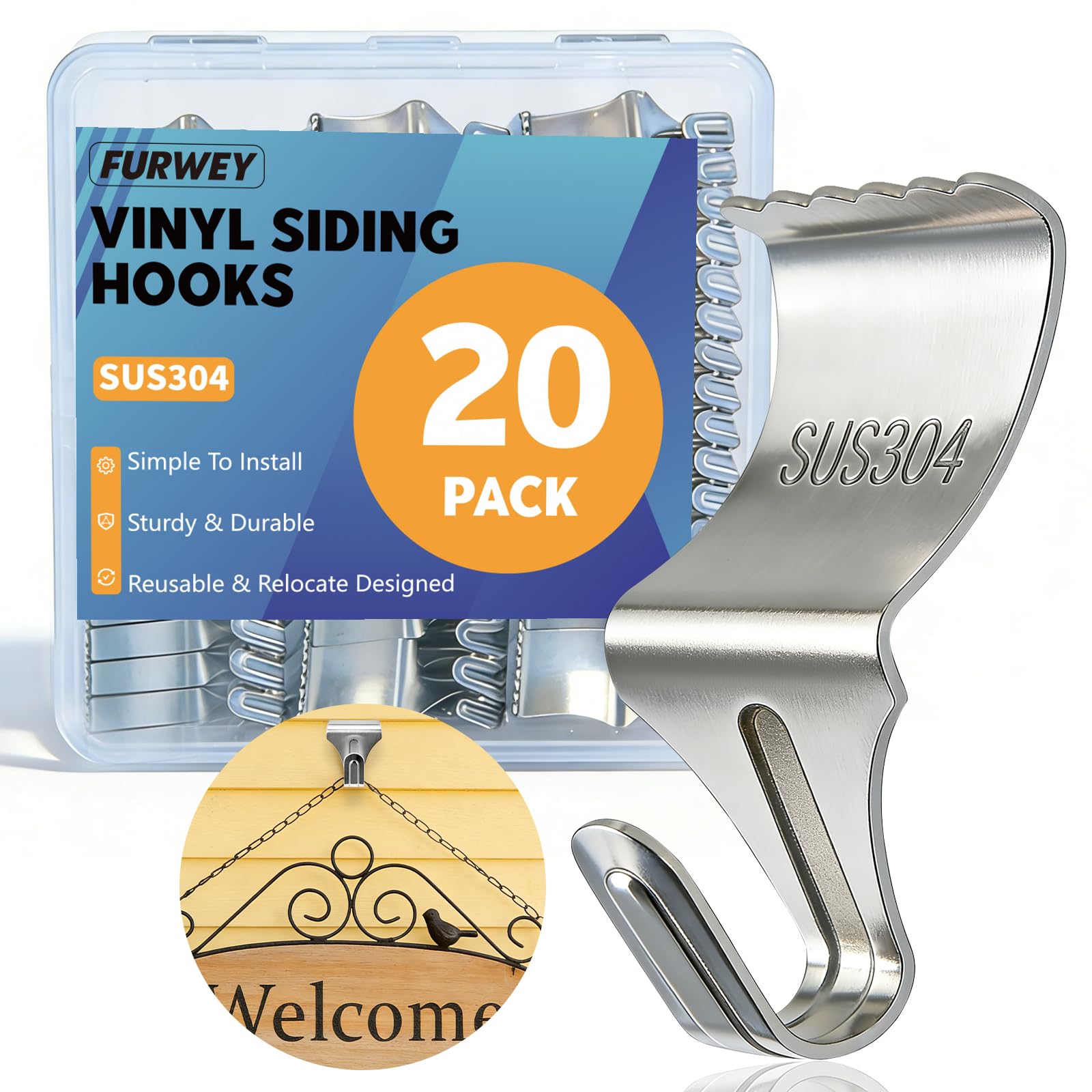 FURWEY Vinyl Siding Hooks, 20 Pack, Heavy Duty Stainless Steel | No Hole Vinyl S