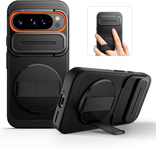 SURITCH Compatible with Google Pixel 9 Pro XL Case with 360° Rotatable Hand Strap Phone Grip Holder & Invisible Kickstand & Slide Camera Cover Rugged Shockproof Protective Cover - Black