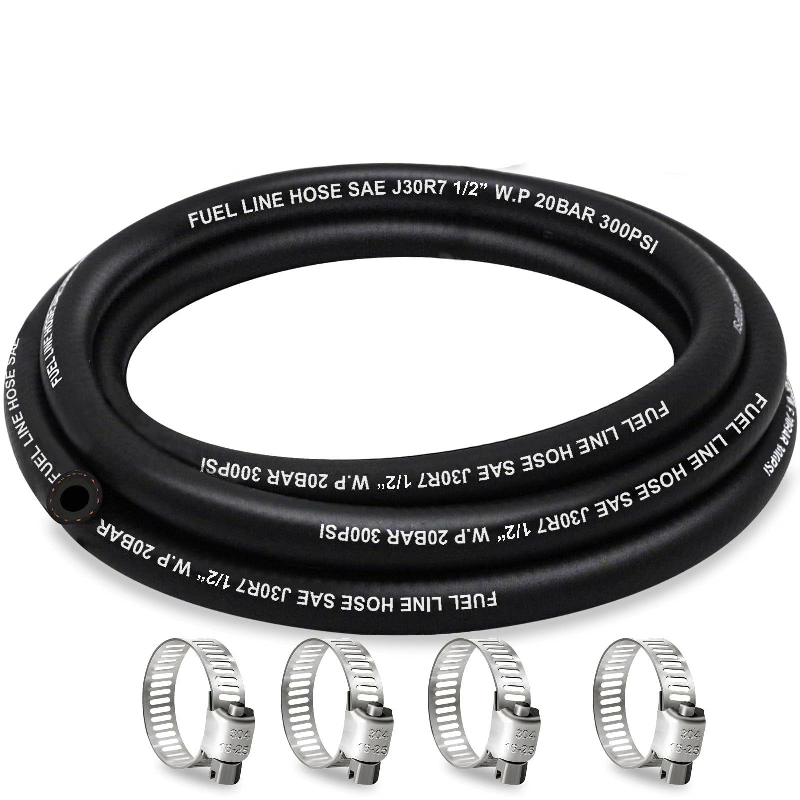Fuel Line Hose 1/2 Inch ID, 300 psi 5FT Fuel Hose, with 4 Clamps