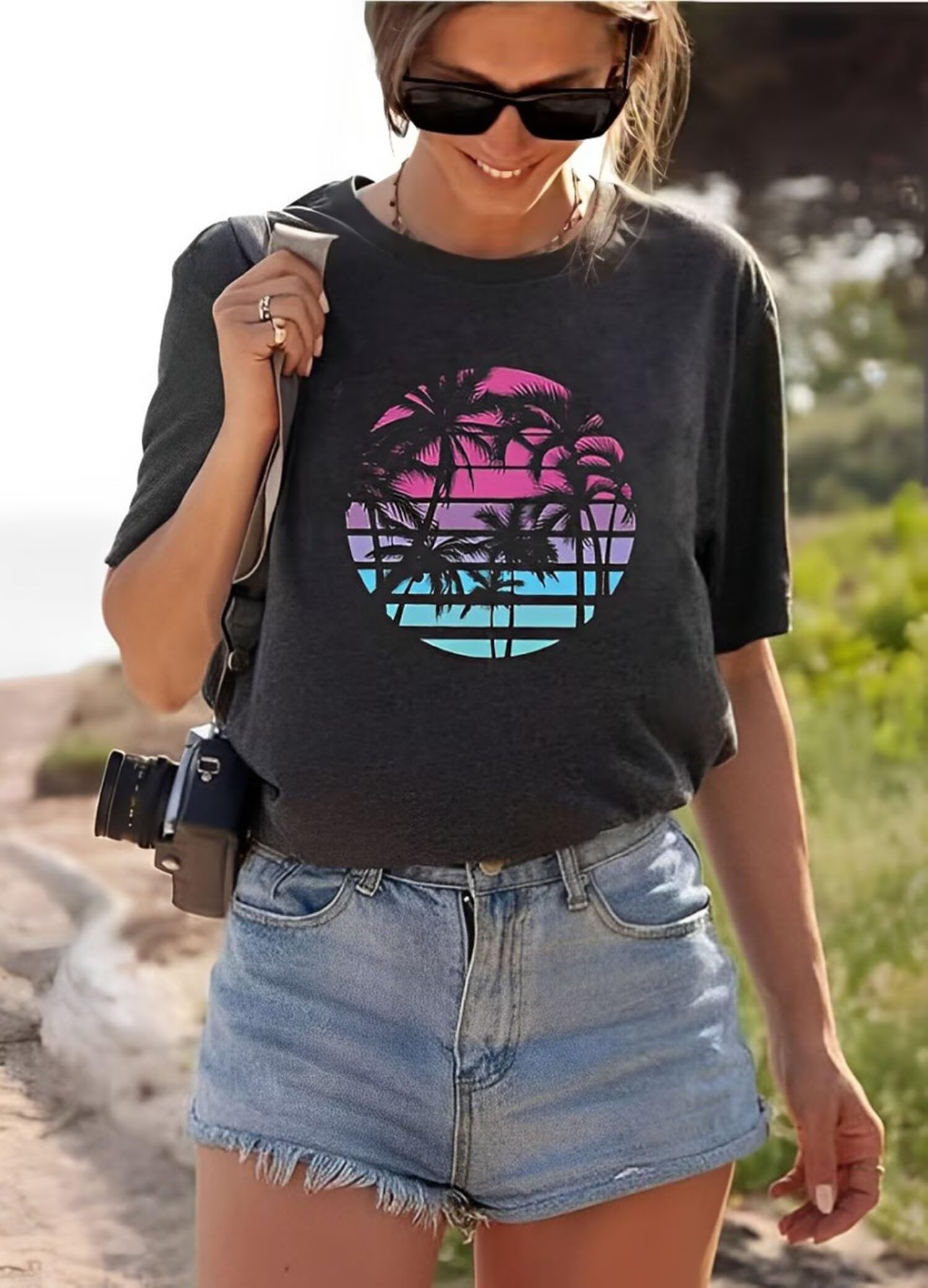 Hawaiian Shirts for Women Palm Tree Beach Cute Summer Vacation Short Sleeve Shir