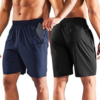 MIER Pantalones cortos para correr de secado rápido con bolsillo con cremallera, cintura elástica, pantalones cortos de entrenamiento atlético, 7 pulgadas, Y: negro/azul marino, Small
