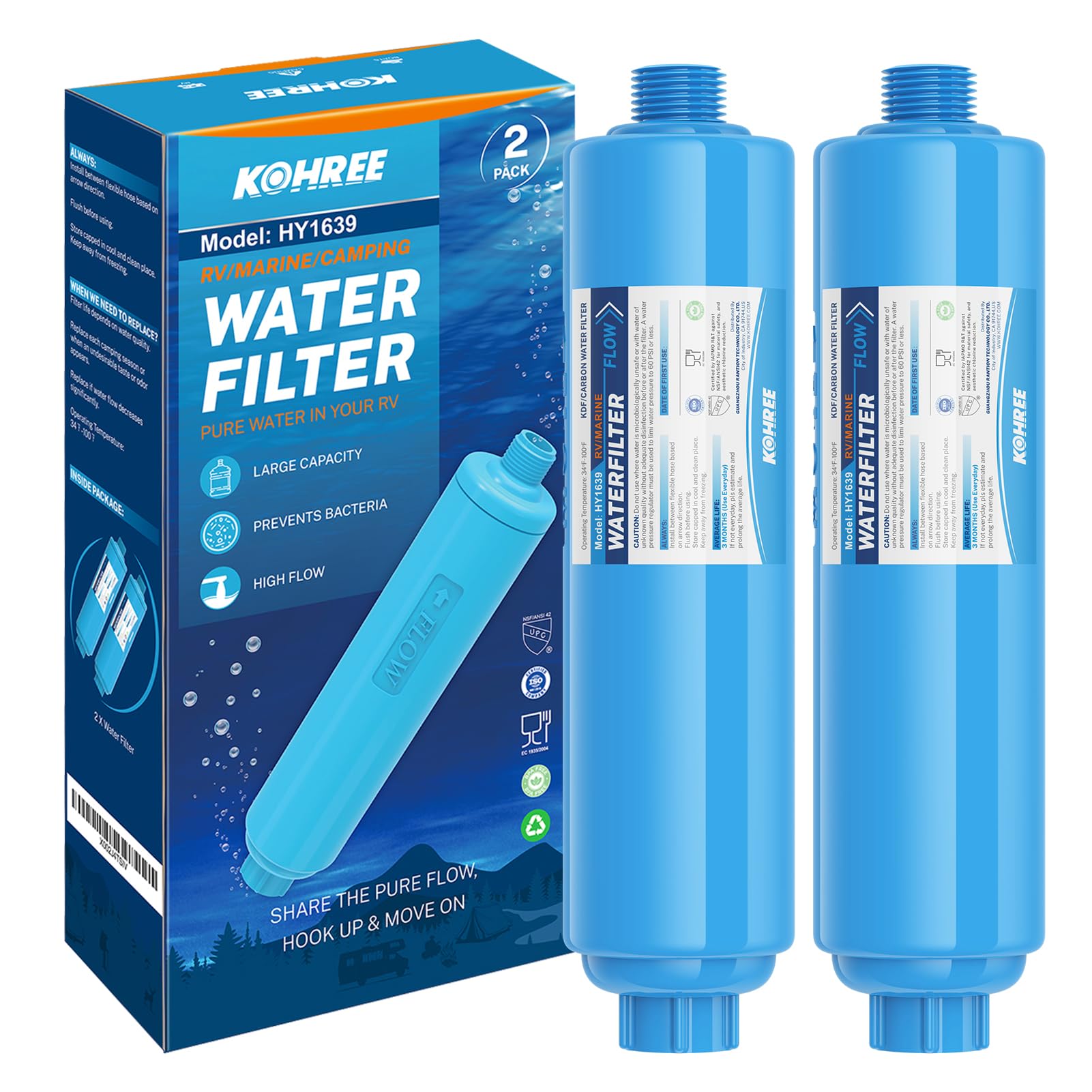 Kohree RV Water Filter, NSF Certified Inline Water Filter, BPA Free, 2 Pack | Re