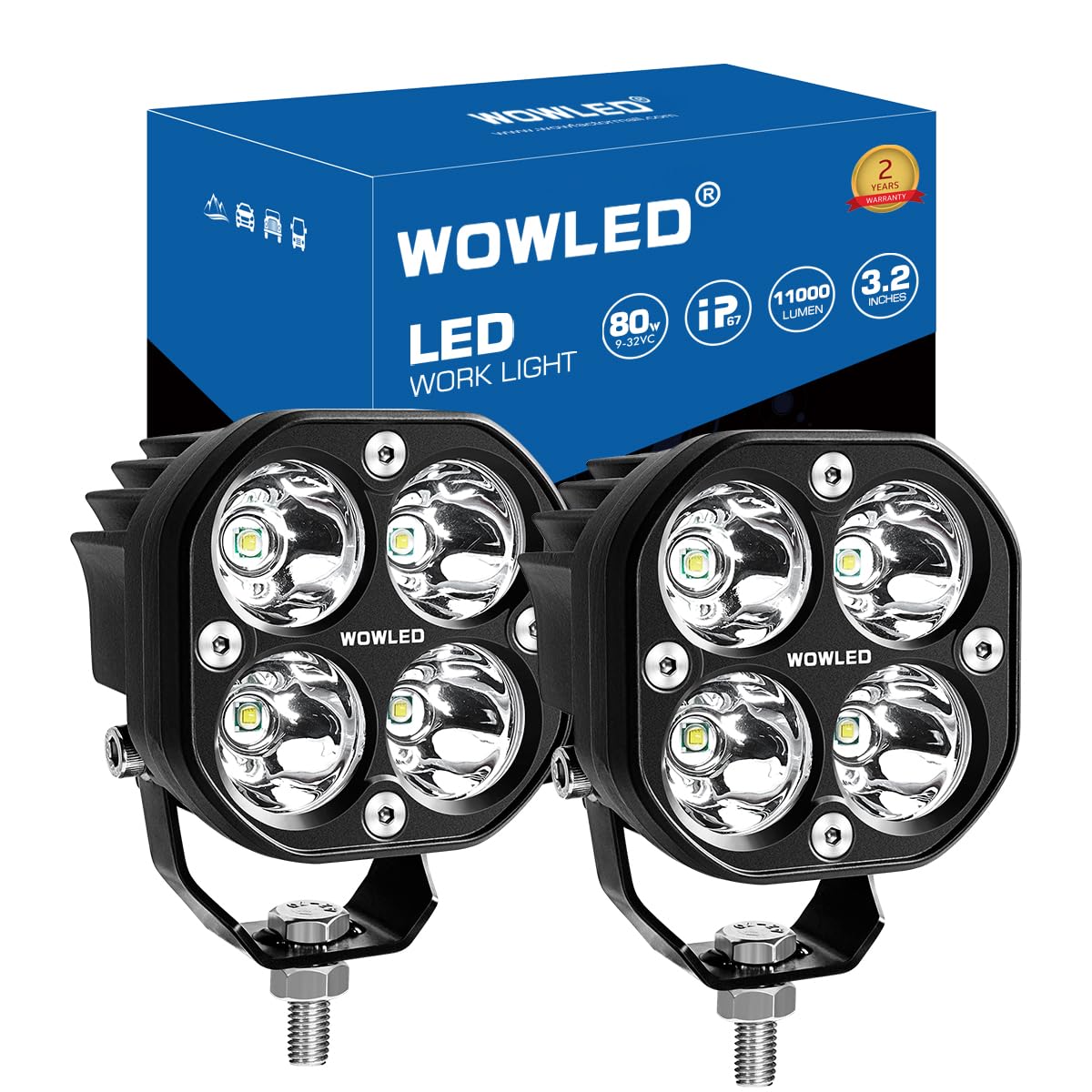 WOWLED Cubes Spot LED Pods Light, 2PCS 3Inch 80W Set Marine Spreader Driving Fog
