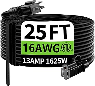 HUANCHAIN Indoor Outdoor Black Extension Cord 25 FT Waterproof 16/3 Gauge | 16 AWG 25 Foot 3 Prong Extension Cord with Hook, Appliance Extension Cord Waterproof with Strap, 13A 1625W SJTW, ETL Listed