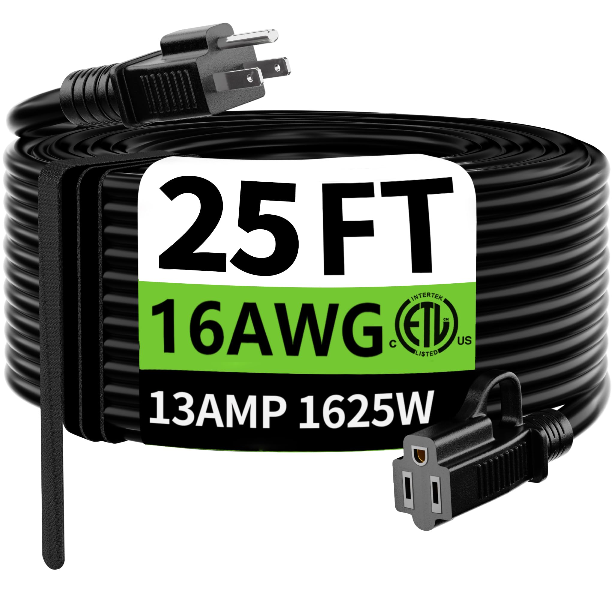 HUANCHAIN Indoor Outdoor Black Extension Cord 25 FT Waterproof 16/3 Gauge | 16 A