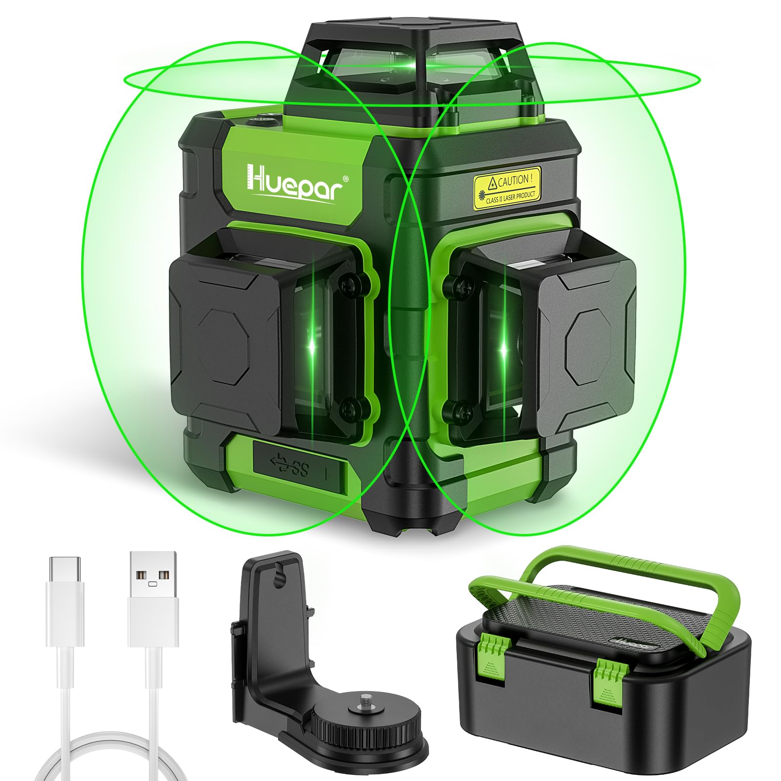 Huepar Laser Level 360 Self Leveling, Rechargeable Green Laser 3x360° Cross Line