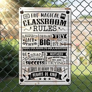 Retro Metal Sign with Magic Class Rules Teacher Recognition Gift Rustic Wall Decor for Home Bedroom School Classroom Farmhouse Nursery Gift for
