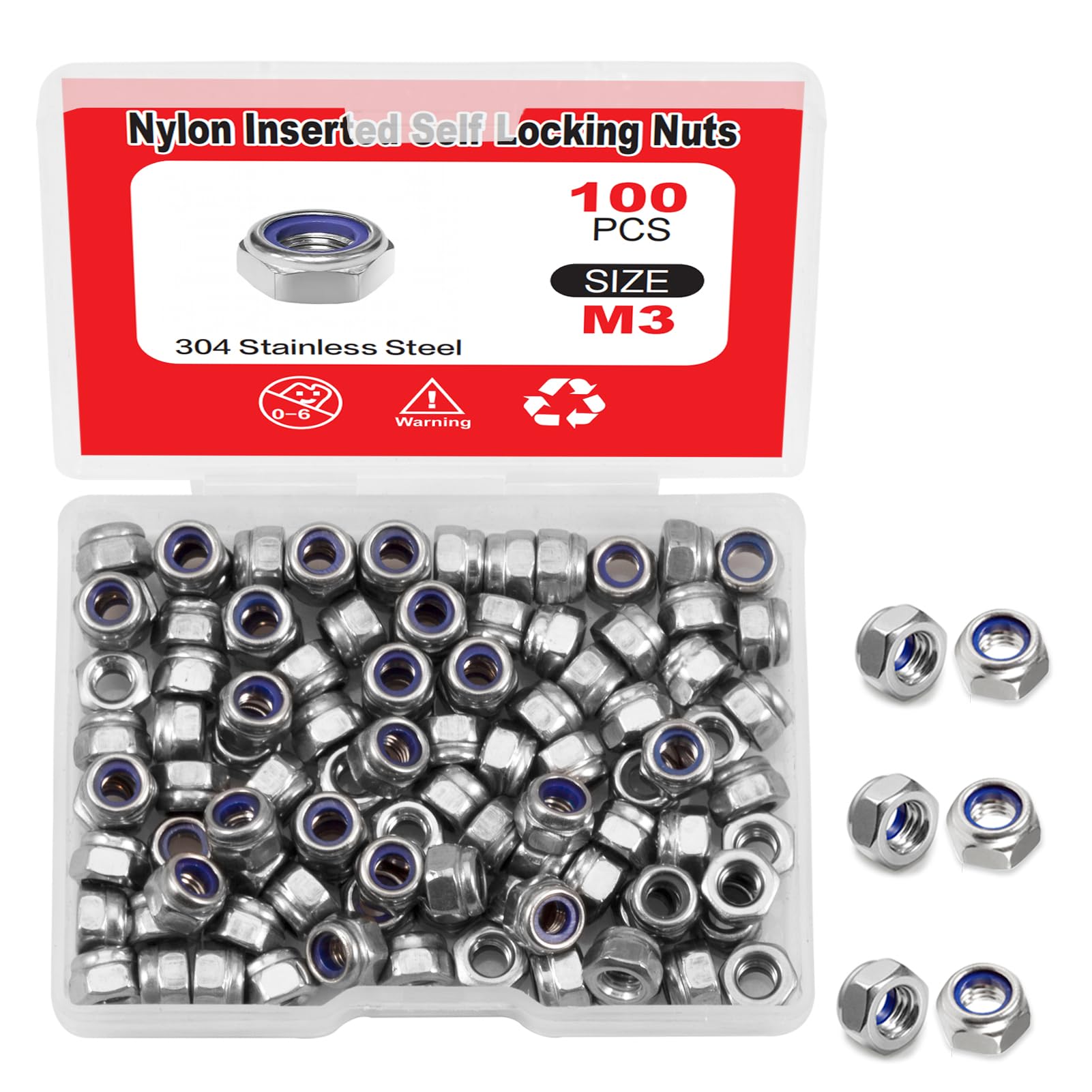 100pcs M3 x 0.5mm Nylon Insert Self Lock Nuts Hex Lock Nuts Assortment 304 Stain