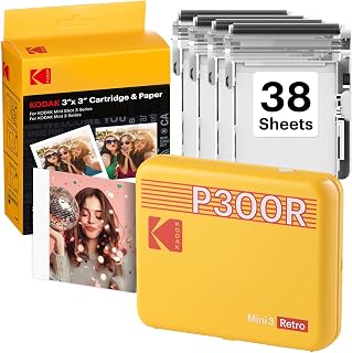 KODAK Mini 3 Retro 3x3 Portable Photo Printer, 4PASS, 38 Sheets, Yellow | Bluetooth, iPhone & Android Smartphone Compatible, Smudge-Proof, Water-Resistant, Fade-Resistant