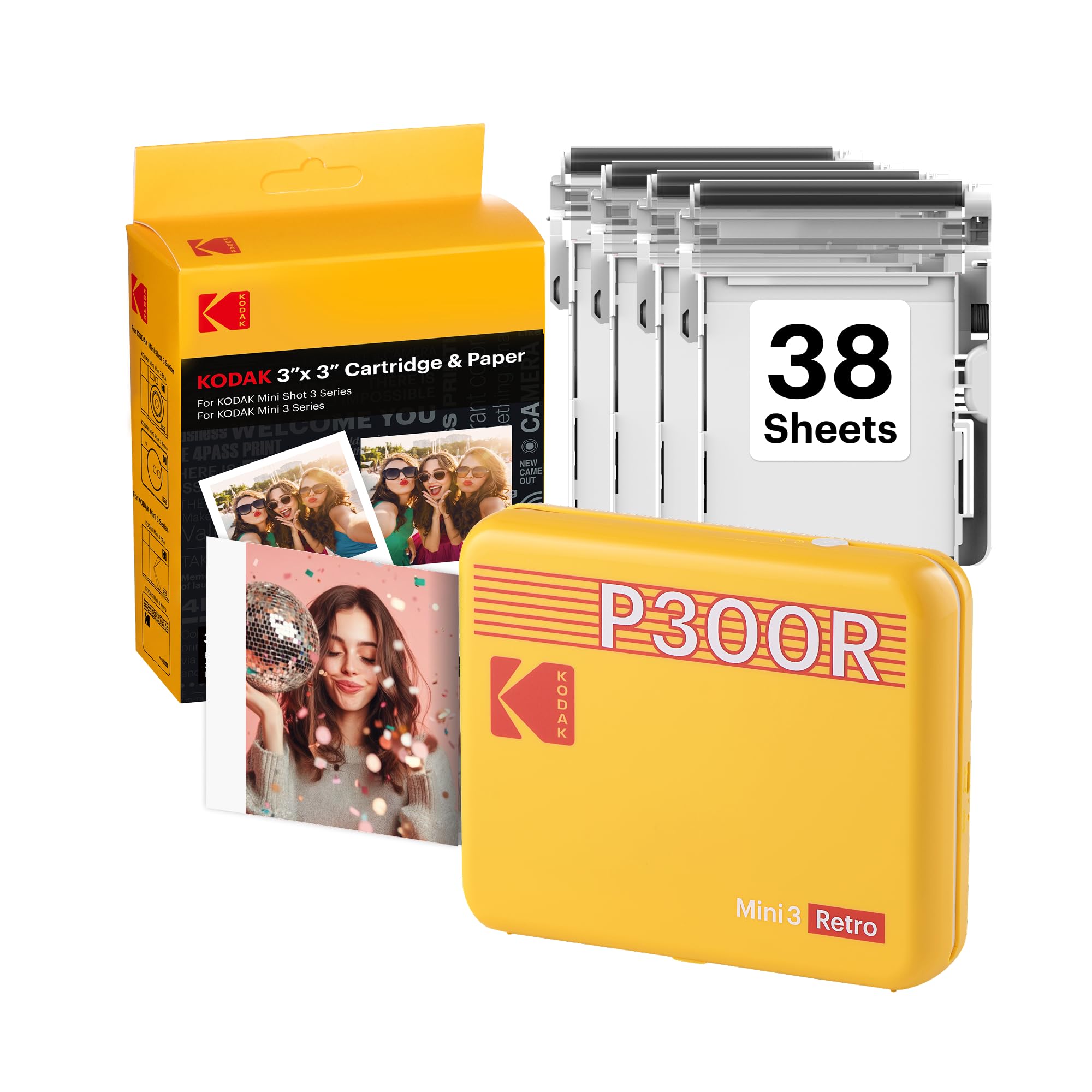 KODAK Mini 3 Retro 3x3 Portable Photo Printer, 4PASS, 38 Sheets, Yellow | Blueto