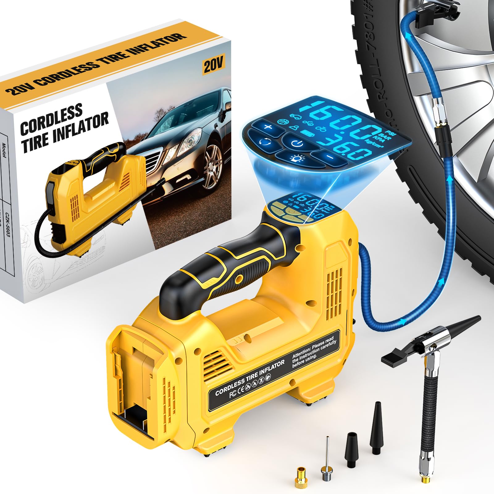 160PSI Cordless Tire Inflator Air Compressor Compatible With Dewalt 20V Battery,