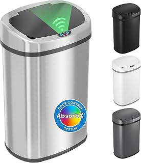 iTouchless Patented 13 G Stainless Steel Sensor Trash Can | AbsorbX Filter | Quiet soft-close lid and fingerprint-proof finish | Fits standard bags | 1.5-yr battery life | AC adapter jack built-in