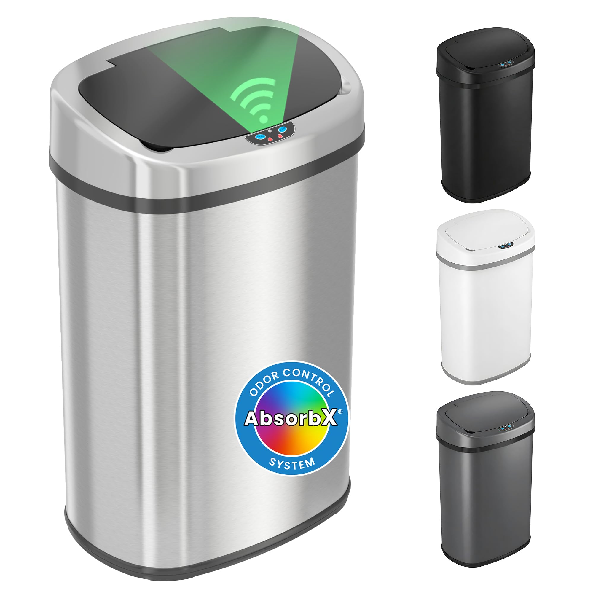 iTouchless Patented 13 G Stainless Steel Sensor Trash Can | AbsorbX Filter | Qui