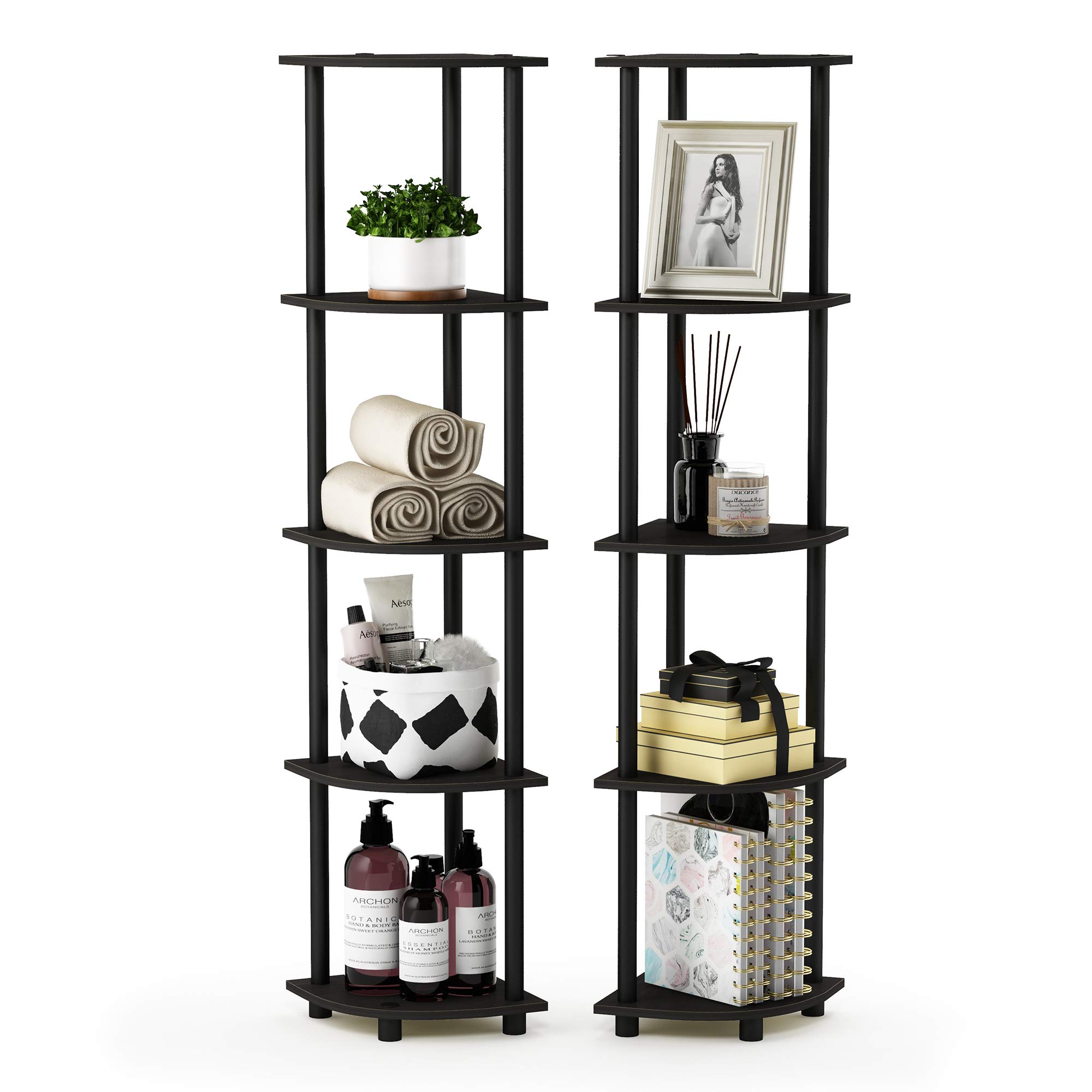 Furinno TURN-N-TUBE Corner Shelf Set of 2, 5-Tier Corner Bookshelf, Open Storage