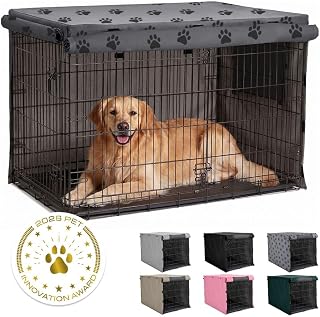 GORILLA GRIP Dog Enclosure Crate Cover Kennel Cage Topper 42in GrayBlackPaw | Light Reducing Privacy Covers Open on All Sides, Breathable Mesh Windows