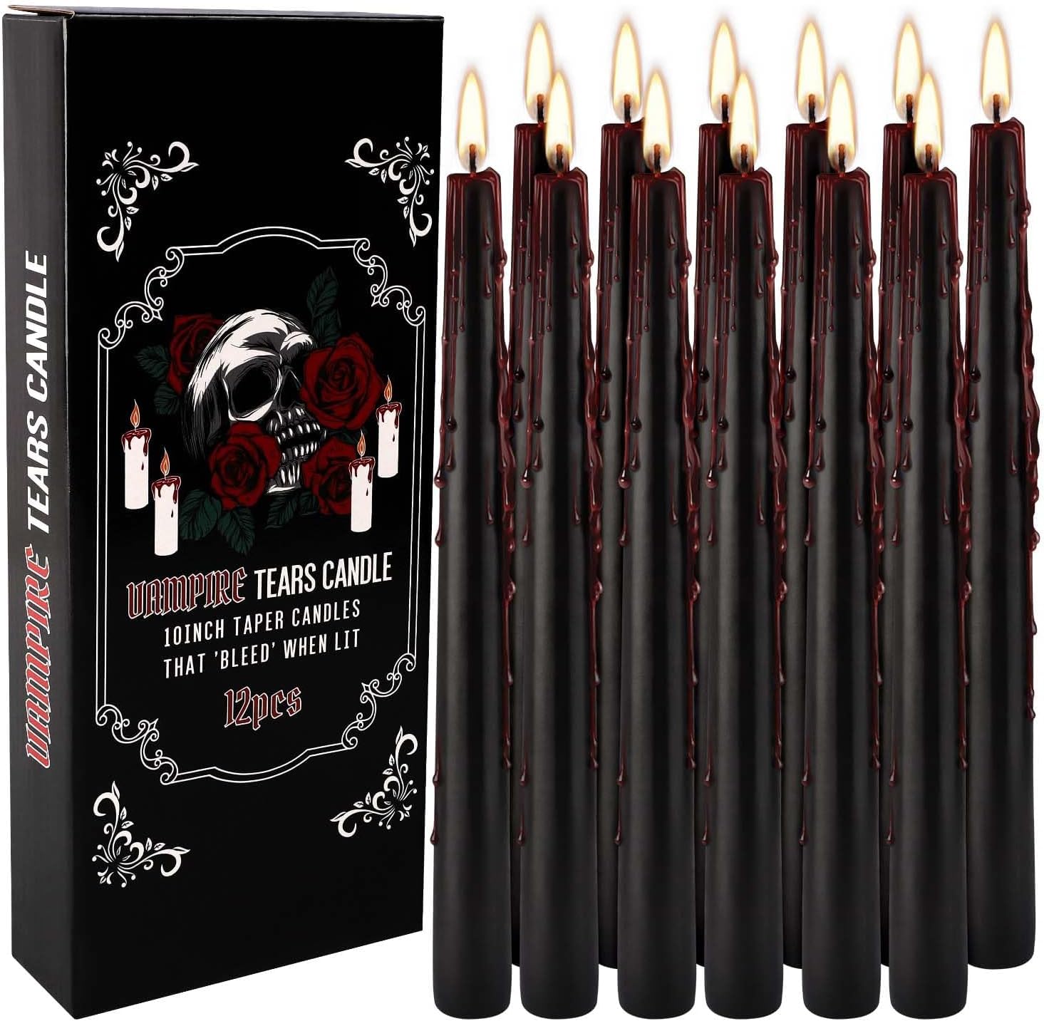 Vampire Tears Bleeding Taper Candles - 12 Pack 10 Inch Black Dripping Red Wax Ca