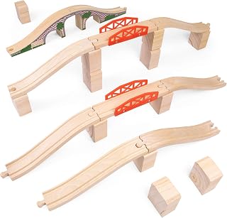 Bridge Bonanza! Deluxe Train Track Set (22 pcs.) | Includes 2 Rail Bridges, 2 Brick Bridges, 6 Ascending Tracks, 12 Risers Wooden Track Pieces | Compatible with Major Brands | Classic Hobby Toy