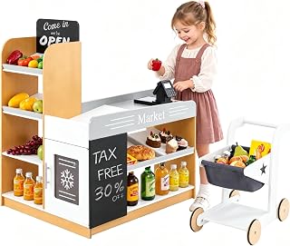Costzon Grocery Store Pretend Play, Wooden Play Store with Shopping Cart, Toddler Supermarket Playset w/Chalkboards, Refrigerator, Display Shelves, Kids Grocery Store Playset, Gift for Boys Girls 3+