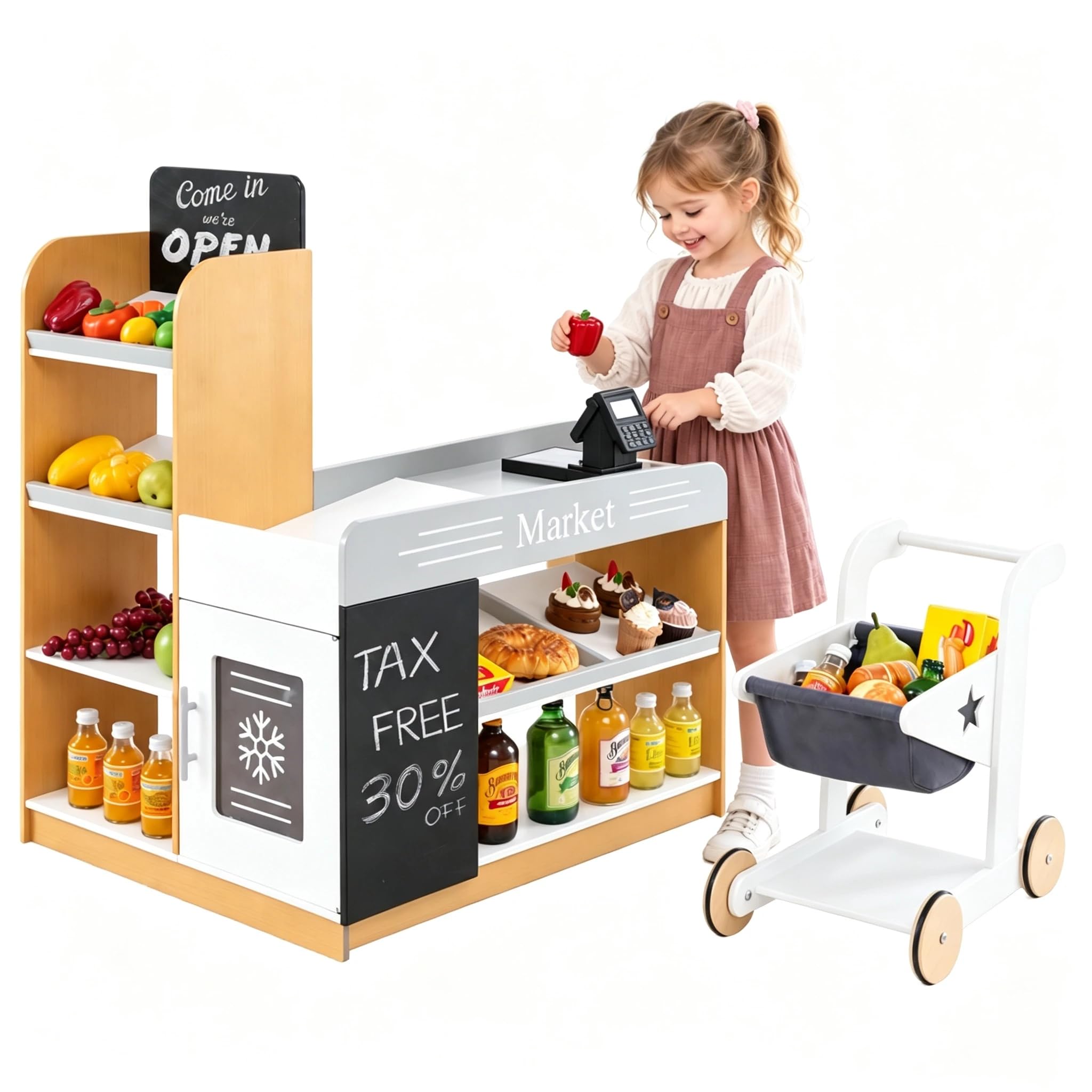 Costzon Grocery Store Pretend Play, Wooden Play Store with Shopping Cart, Toddle