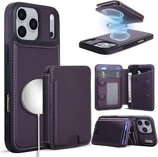 Magnetic Detachable Wallet Case for iPhone18/17 Pro with Kickstand,2-in-1 MagSafe Compatible RFID Blocking Card Holder,Slim PU Leather Cover Purple