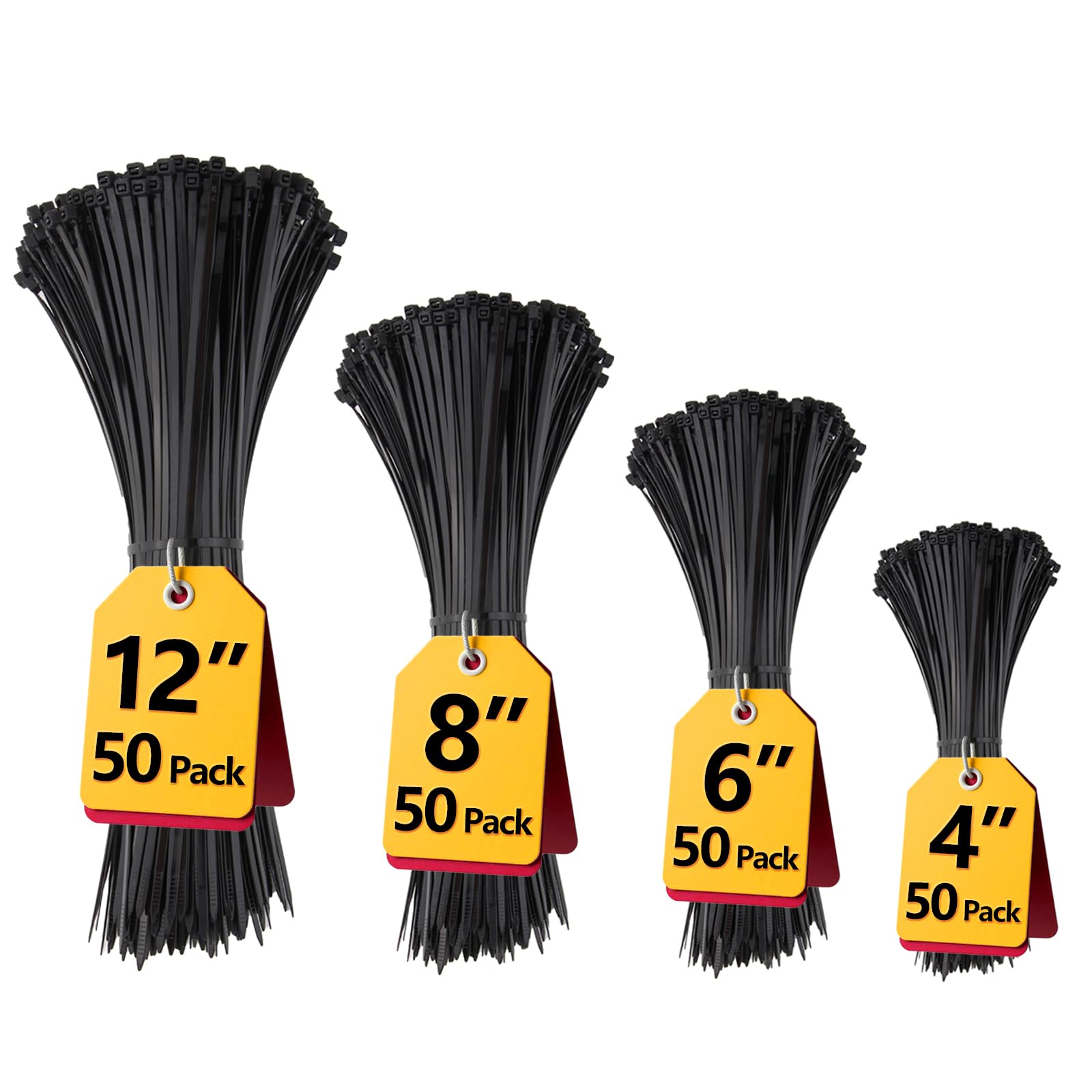 Black Zip Ties Assorted 12+8+6+4 inch, 200 Pack, Cable Ties, UV Resistant Wire T