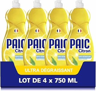 PAIC - Washing Up Liquid Lemon - Super Degreaser - Cleans - Degreases - Eliminates Bad Odours - Pack of 4 x 750 ml | Produit vaisselle liquide, Vaisselle éclatante, Parfum frais de citron, Fabriqué en France
