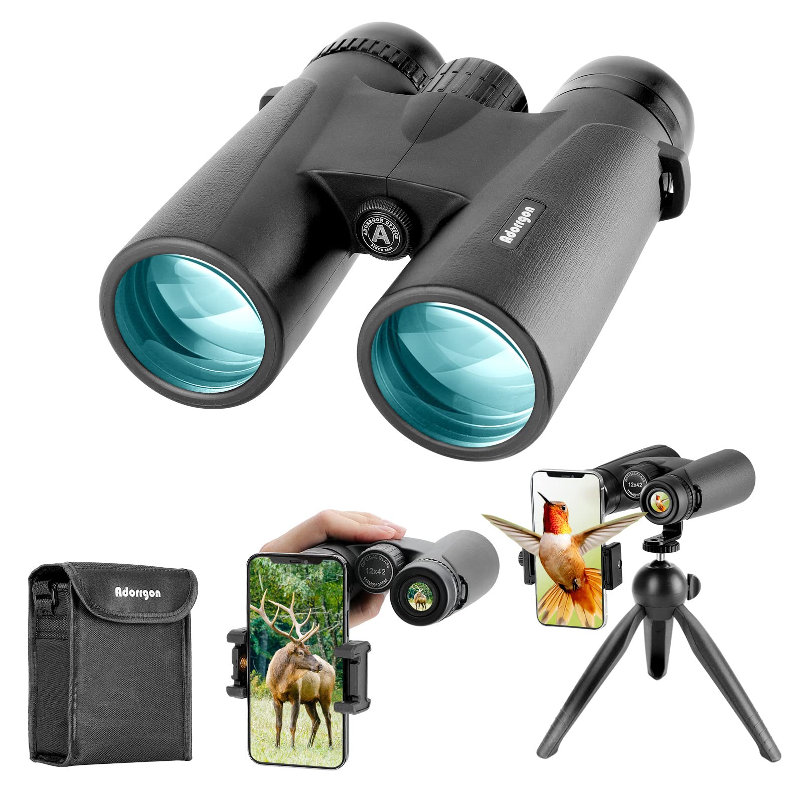 Adorrgon 12x42 High Powered Binoculars for Adults, Phone Adapter and Tripod | BA