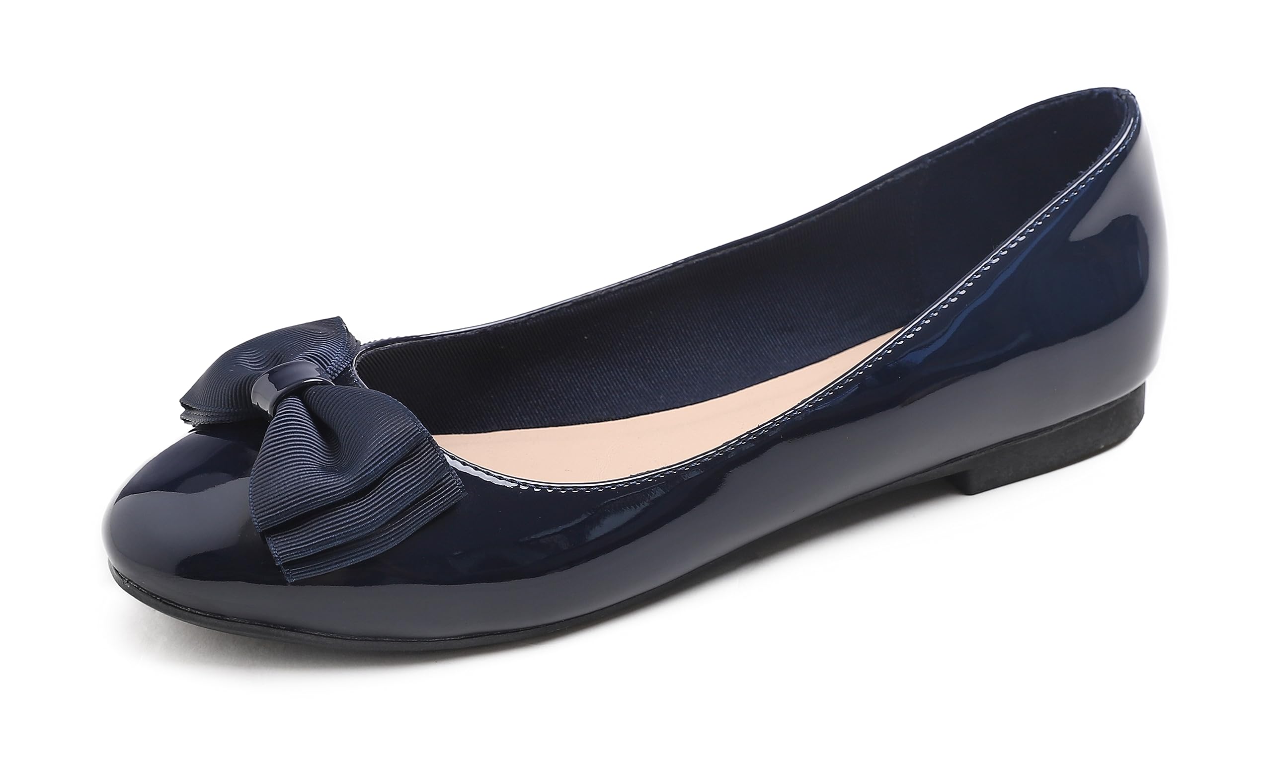 Feversole Women's Patent Round Toe Cute Bow Trim Ballet Flats, Ballerine Punta T