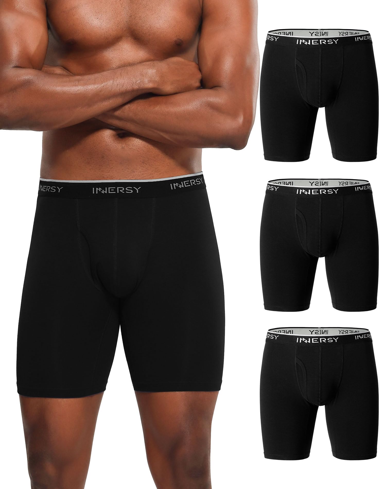 INNERSY Mens Cotton Boxer Briefs Retro Anti-Chafe Boxer Briefs 3 Pack