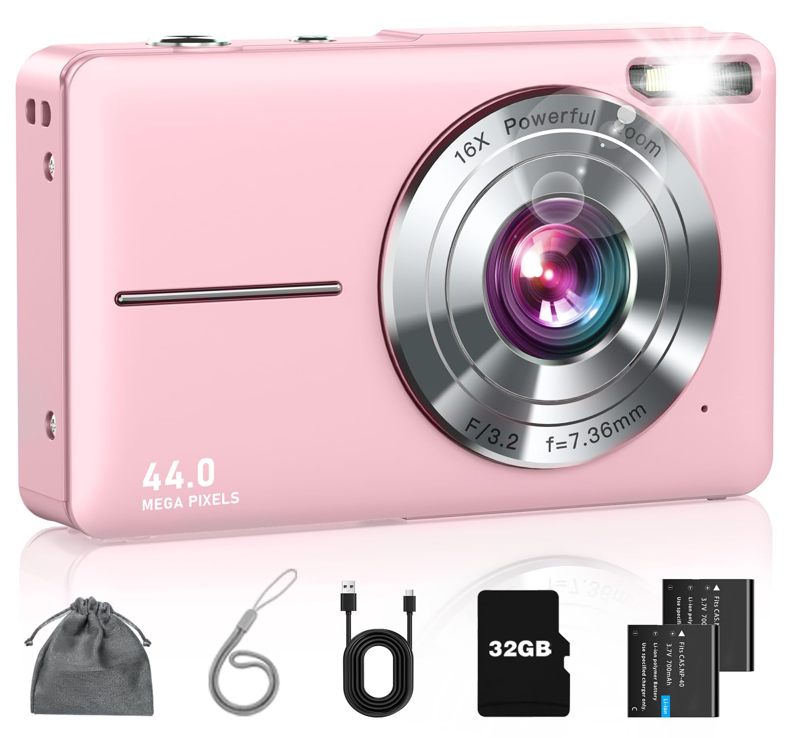 Lecran Digital Camera, FHD 1080P Point and Shoot Camera for Kids Teens Pink | 32